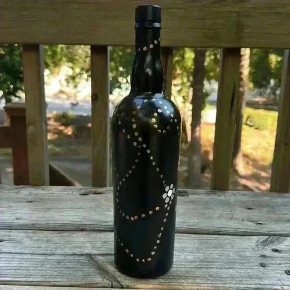 HAND Crafted Hand Painted Wine Bottle Black White Silver Gold with Fairy Lights - Picture 10 of 11